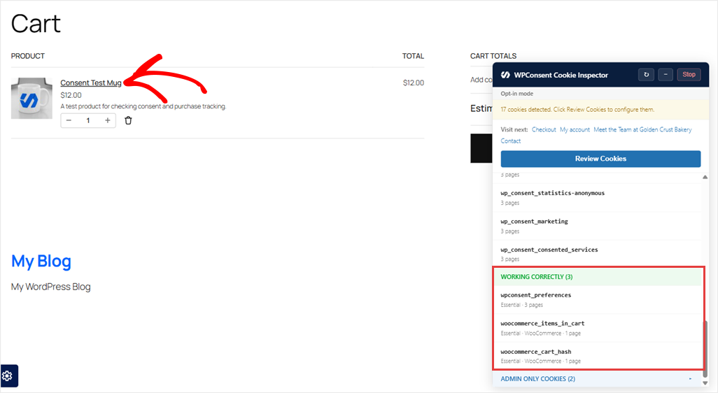 cookie inspector cart page wpconsent