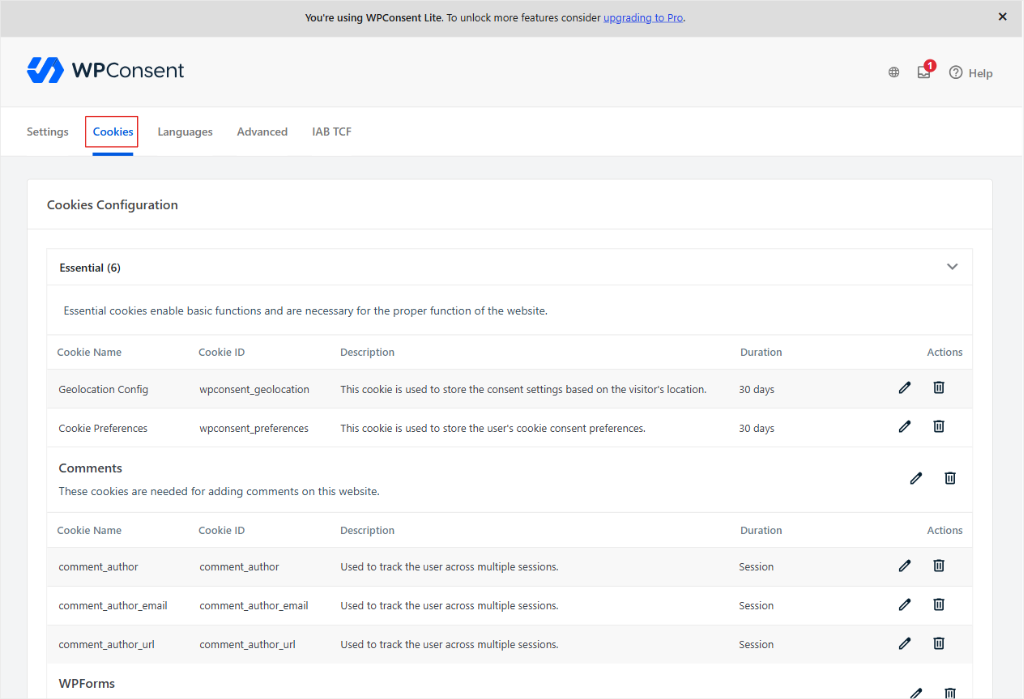 cookies configuration list wpconsent