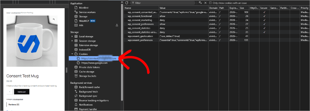 Browser cookies panel with no _ga cookie after clicking Reject