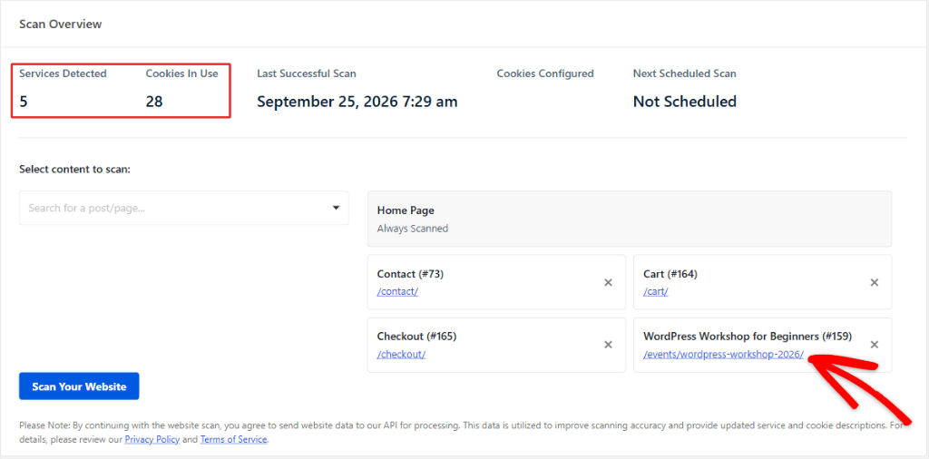 scanner overview map embed page wpconsent wordpress