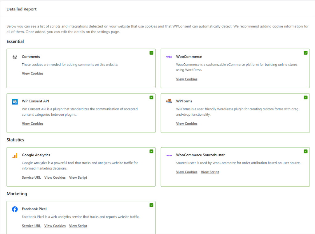 WPConsent scanner pro detailed report