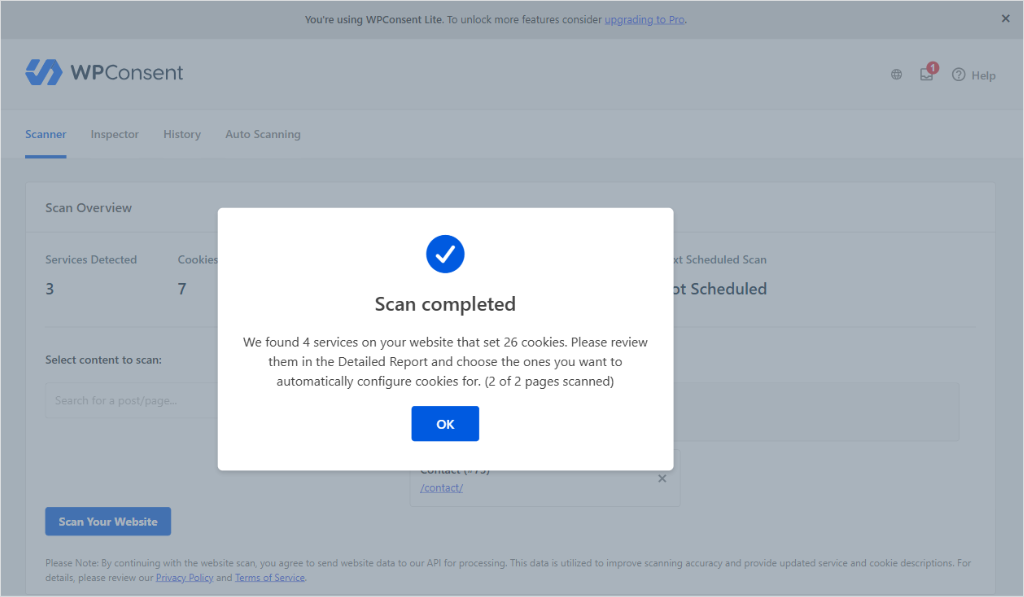 WPConsent scanner scan complete and summary shared