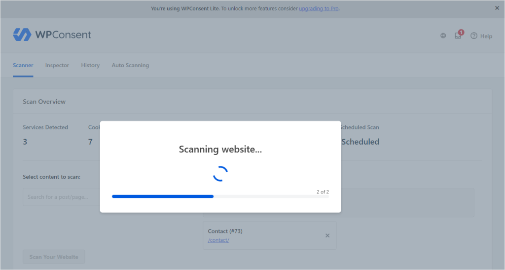 WPConsent scanner scan running in progress