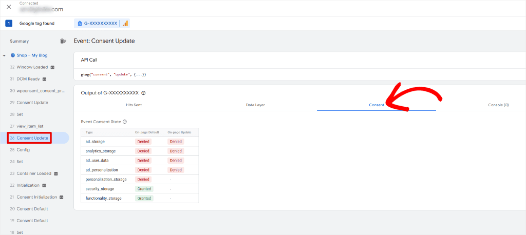 Google Tag Assistant consent event with analytics_storage denied
