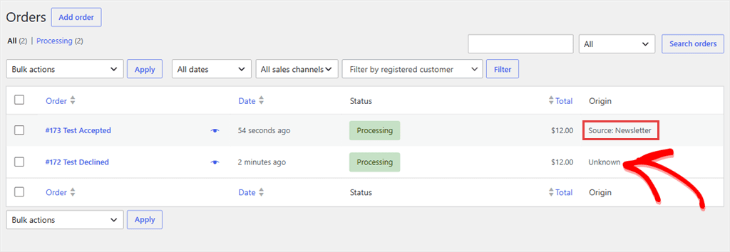 WooCommerce Orders list with one order showing Origin Unknown and one showing Source: Newsletter