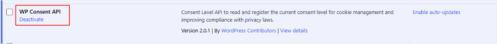 WP Consent API shown as active in the WordPress plugins list