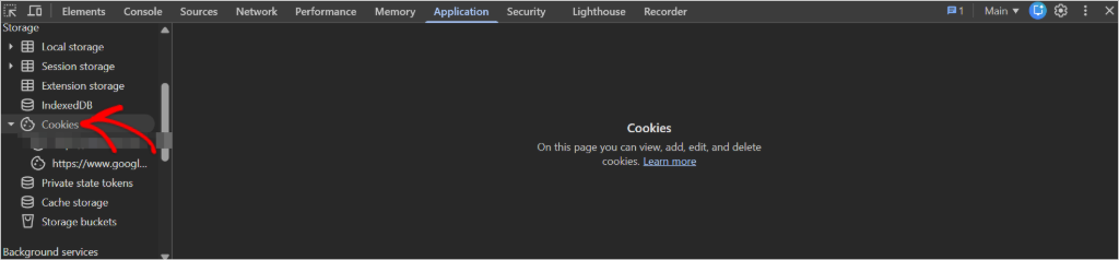 DevTools application cookies sidebar