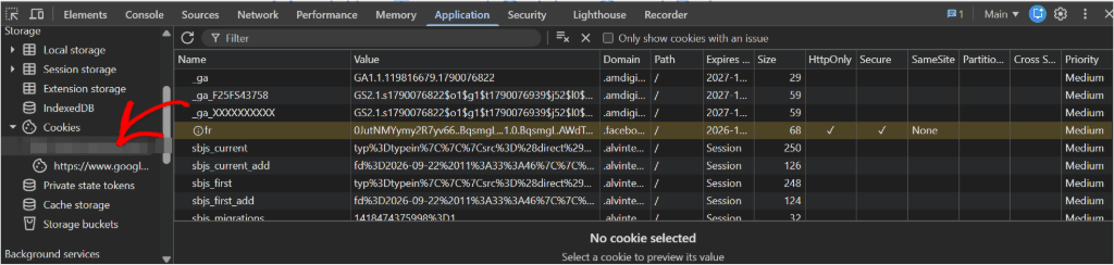DevTools cookie table domain column