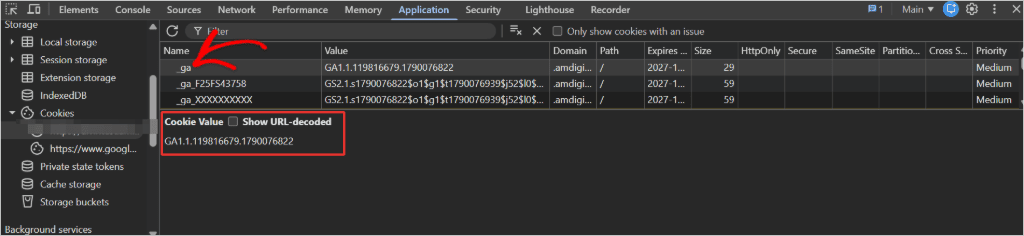 DevTools single cookie details