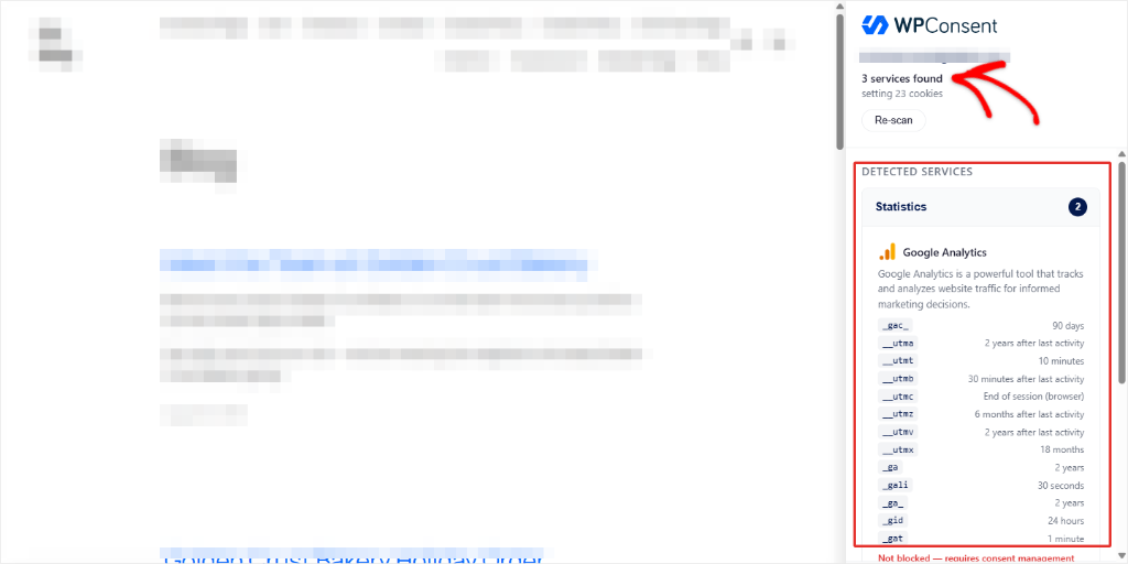 WPConsent free online scan results listing the services detected on a WordPress homepage