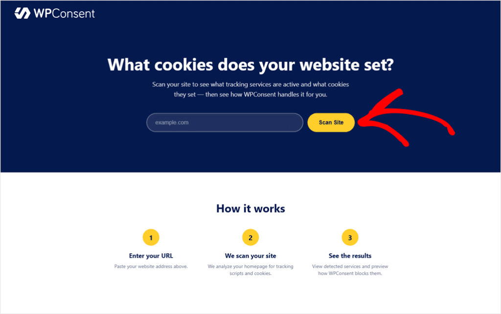 WPConsent free scan tool page, where you paste your site's URL to find its cookies without installing a plugin