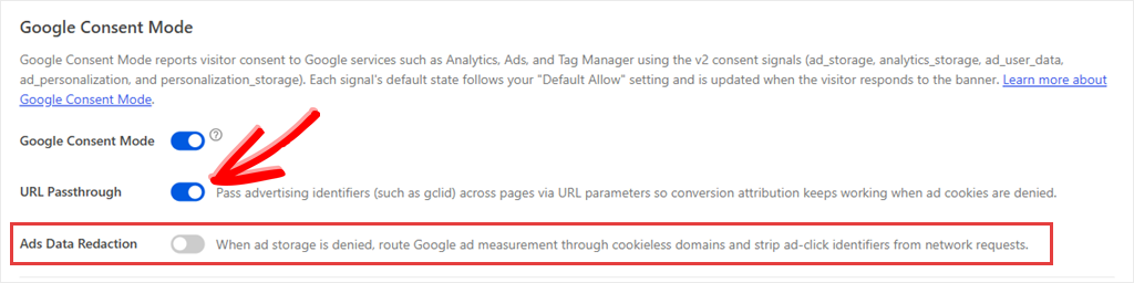 WPConsent URL Passthrough switched on with Ads Data Redaction off