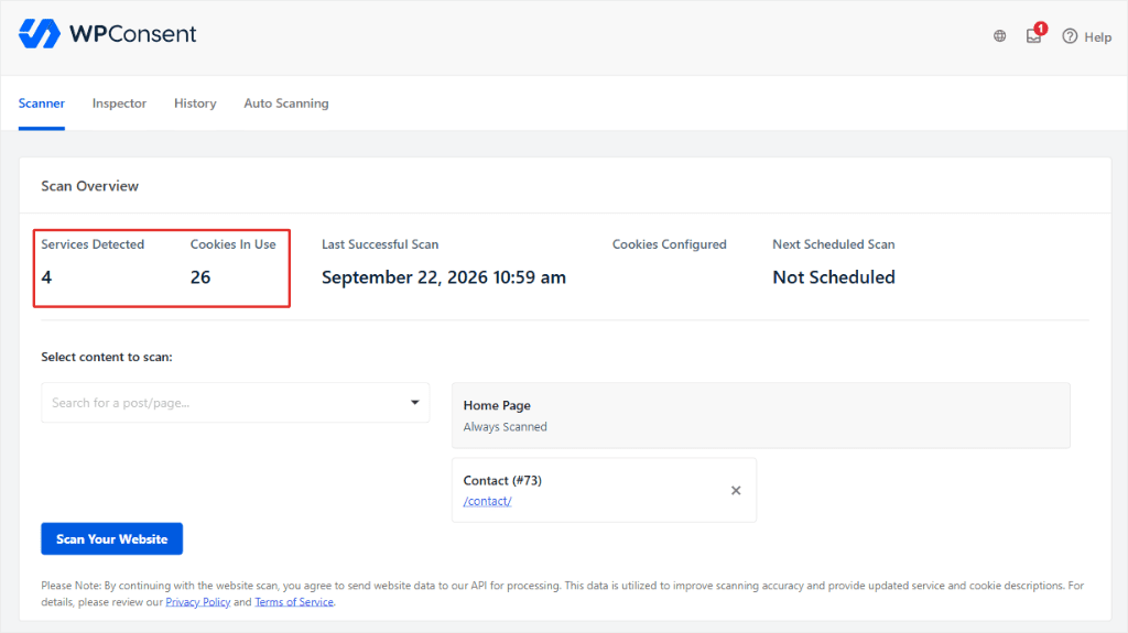 wpconsent scanner select pages to scan after installing the free plugin.