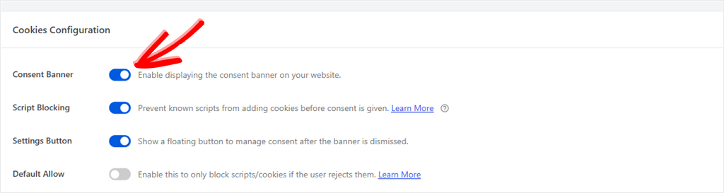 WPConsent Settings screen with the Consent Banner toggle switched on