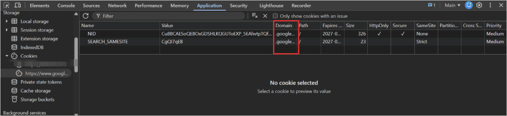 DevTools cookie table showing NID and SEARCH_SAMESITE cookies on the google.com domain.