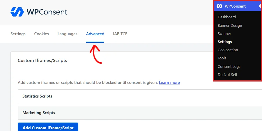 Die WordPress-Admin-Seitenleiste mit ausgewählten Einstellungen unter WPConsent und einem Pfeil, der auf die Registerkarte „Erweitert“ zeigt