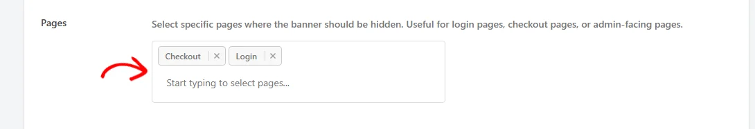 Ein Pfeil, der auf die Auswahl „Seiten“ mit ausgewählten „Checkout“ und „Login“ zeigt