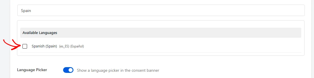 Ein Pfeil, der auf das Kontrollkästchen für Spanisch (Spanien) in der Liste der verfügbaren Sprachen zeigt