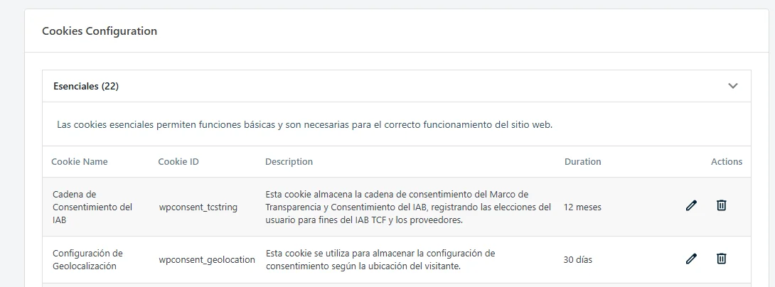 Die Cookie-Konfigurationsliste mit einem übersetzten Kategorienamen, einer Beschreibung und einzelnen Cookie-Beschreibungen auf Spanisch