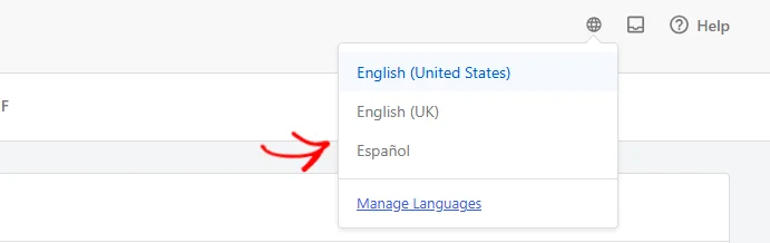 Die Sprachauswahl im WPConsent-Header geöffnet mit einem Pfeil, der auf den Eintrag "Español" zeigt
