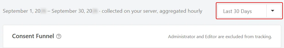 The date range selector set to Last 30 Days, beside a line reading collected on your server, aggregated hourly