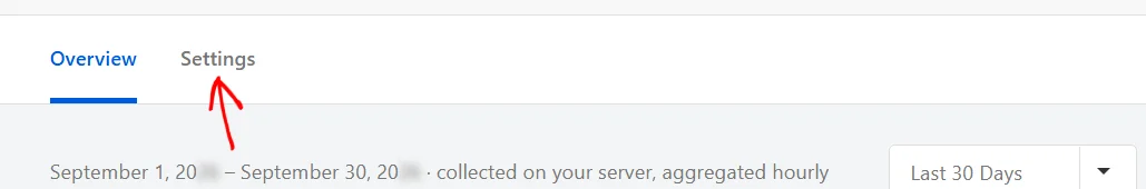 The Analytics tab bar with an arrow pointing at the Settings tab beside Overview