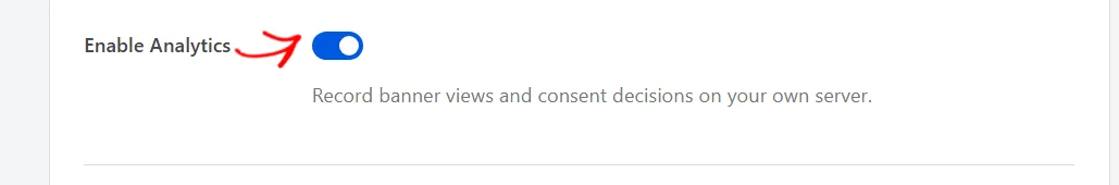 The Enable Analytics toggle turned on, described as recording banner views and consent decisions on your own server