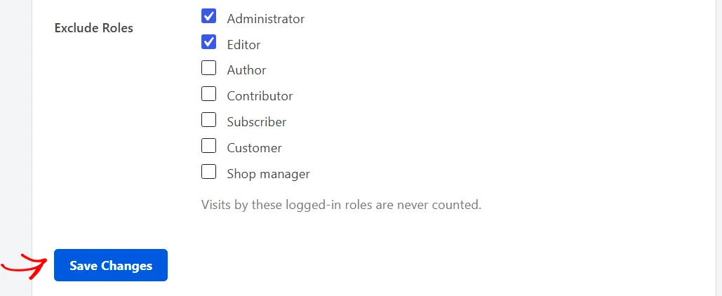 The Save Changes button at the bottom of the Banner Analytics panel, below the Exclude Roles list