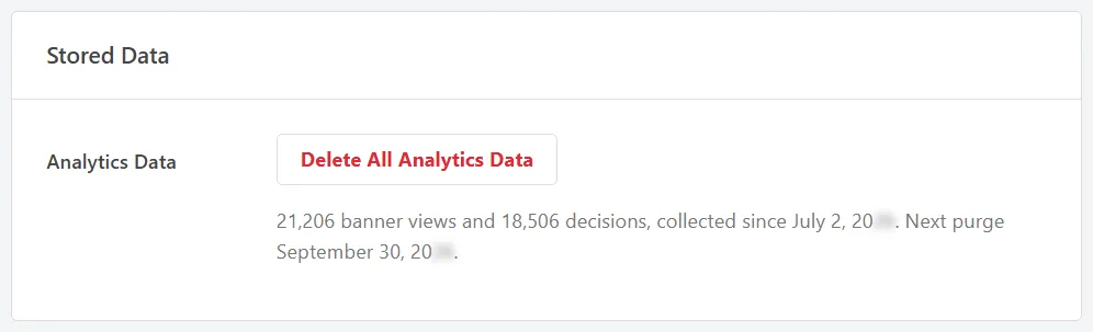 The Stored Data panel showing a count of banner views and decisions, the date collection started, the next purge date, and a Delete All Analytics Data button