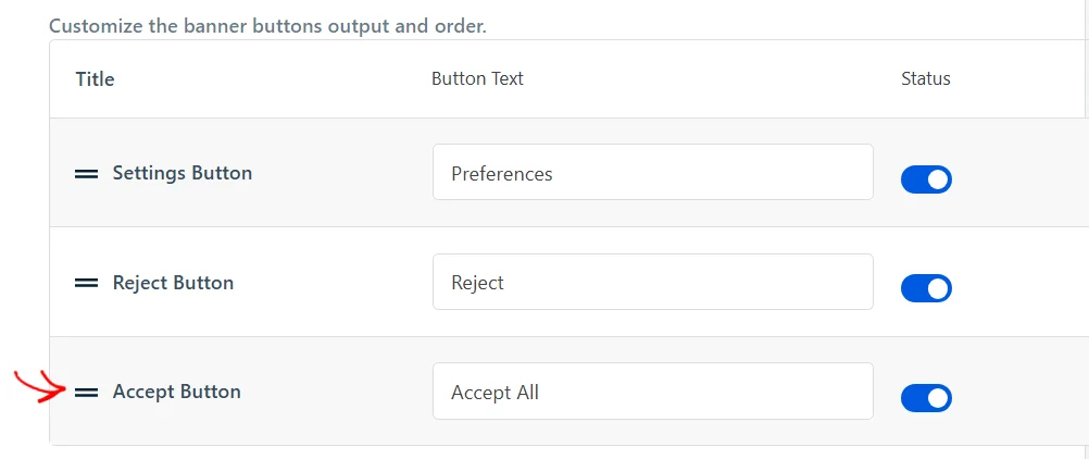 The drag handle at the left of the Accept Button row, used to reorder the banner buttons