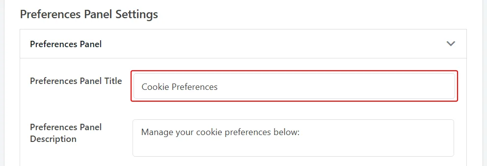 The Preferences Panel Settings section with the Preferences Panel Title and Preferences Panel Description fields