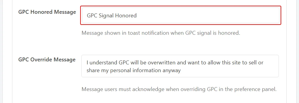 The GPC Honored Message field holding the text GPC Signal Honored, with the GPC Override Message field in the row below it