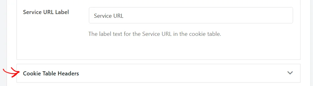 The collapsed Cookie Table Headers section heading below the Preferences Panel section