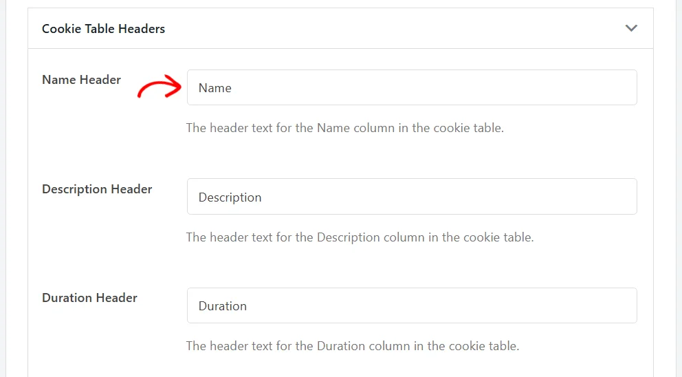 The Cookie Table Headers section expanded, showing the Name Header, Description Header, and Duration Header fields