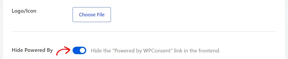 The Hide Powered By switch turned on at the bottom of the Content Settings panel, with the Logo/Icon row above it