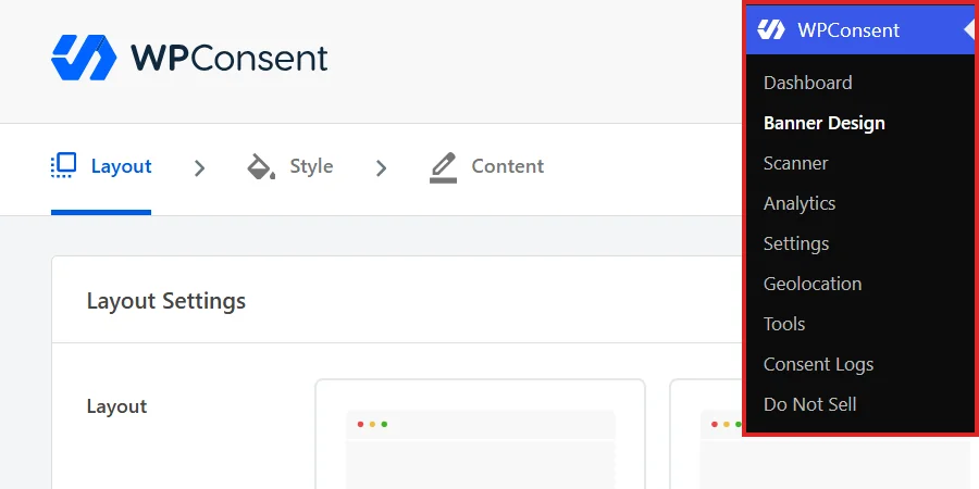 Opening Banner Design from the WPConsent menu in the WordPress admin sidebar