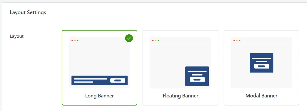 The Layout Settings panel with the Long Banner card selected, beside the Floating Banner and Modal Banner cards