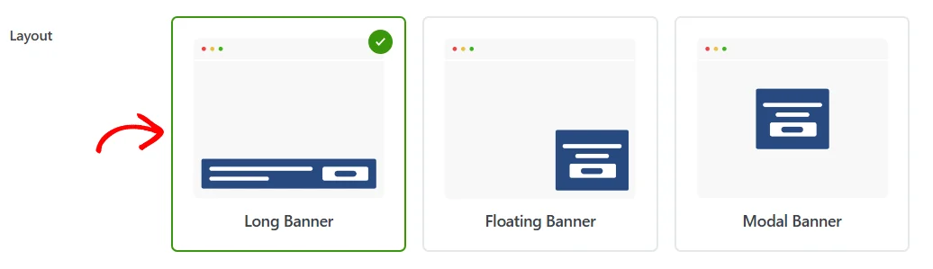 The Long Banner card selected in the Layout row, marked with a green check