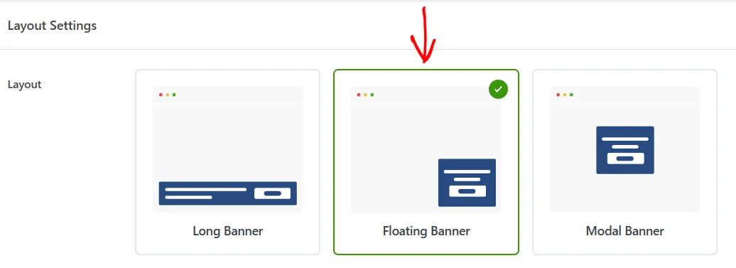 The Floating Banner card selected in the Layout row, marked with a green check
