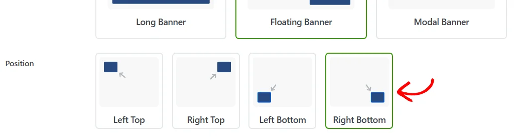 The Position row for the Floating Banner layout, showing the four corner choices with Right Bottom selected