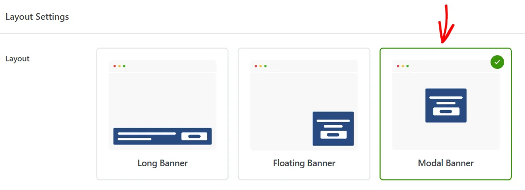 The Modal Banner card selected in the Layout row, marked with a green check