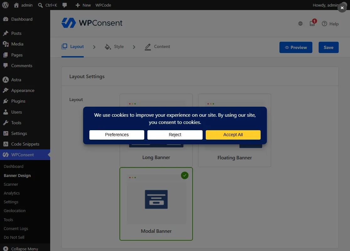The Preview overlay showing the modal banner centered on screen with the page dimmed behind it