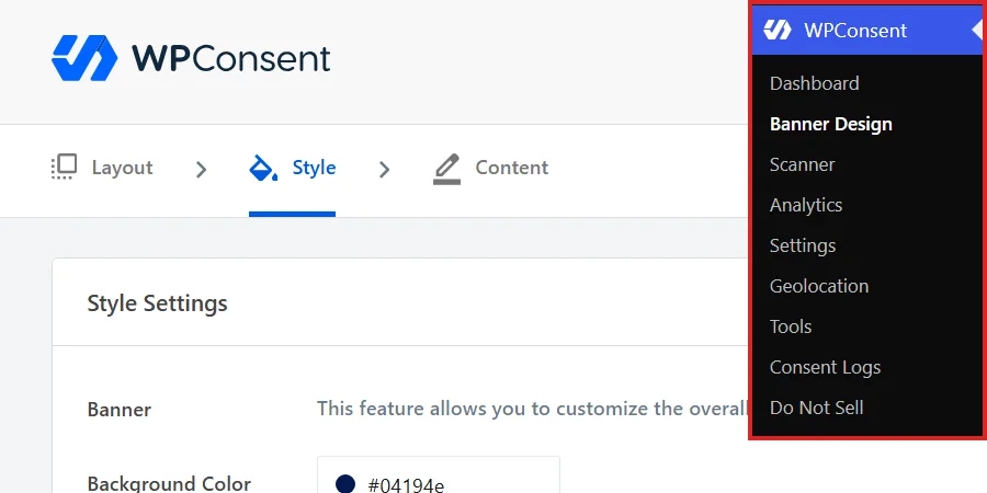 Opening Banner Design from the WPConsent menu in the WordPress admin sidebar