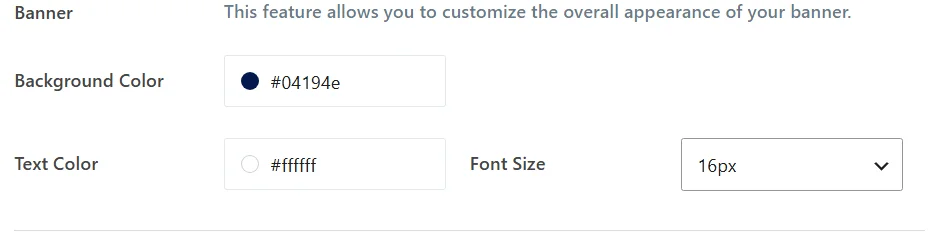 The Banner section of the Style tab with the Background Color, Text Color, and Font Size settings