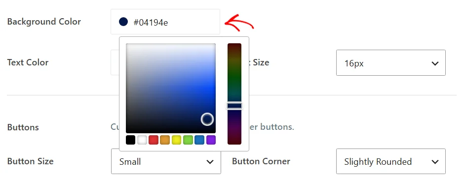 The color picker open below the Background Color field, showing the gradient area, the hue slider, and a row of preset swatches