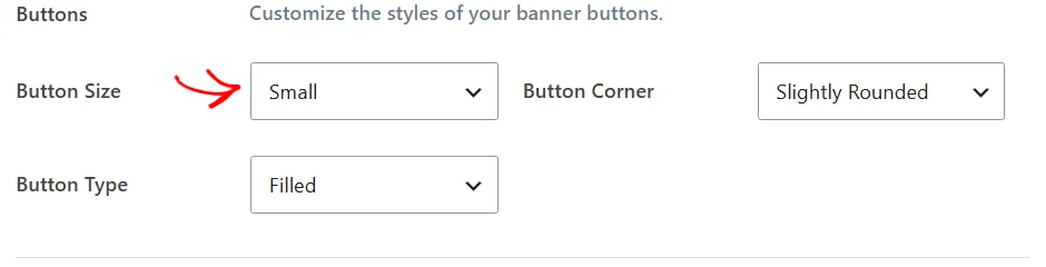 The Buttons section with the Button Size, Button Corner, and Button Type dropdowns