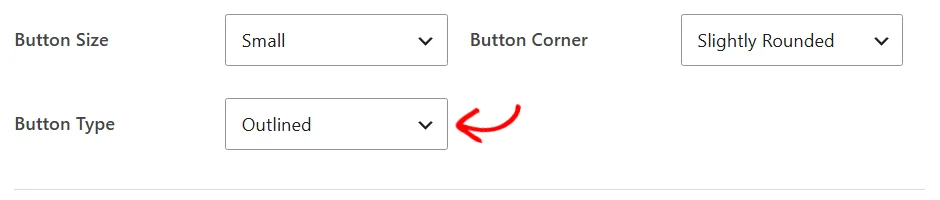 The Button Type dropdown set to Outlined, below the Button Size and Button Corner dropdowns