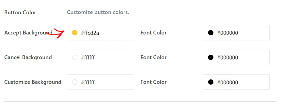 The Button Color section with background and font color pickers for the Accept, Cancel, and Customize buttons
