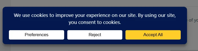 The banner preview showing filled buttons with solid backgrounds for Preferences, Reject, and Accept All