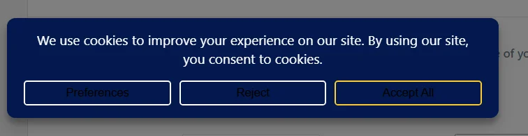 The banner preview showing outlined buttons with borders and no fill for Preferences, Reject, and Accept All